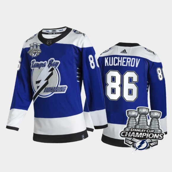 Tampa Bay Lightning Nikita Kucherov #86 3x Stanley Cup Champions Blue Reverse Retro Jersey