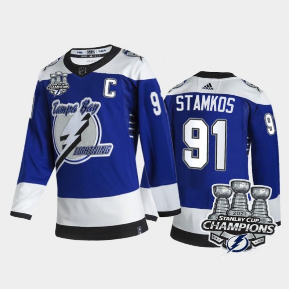Tampa Bay Lightning Steven Stamkos #91 3x Stanley Cup Champions Blue Reverse Retro Jersey