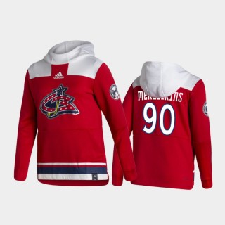 Men's Columbus Blue Jackets Elvis Merzlikins #90 Authentic Pullover Special Edition 2021 Reverse Retro Red Hoodie