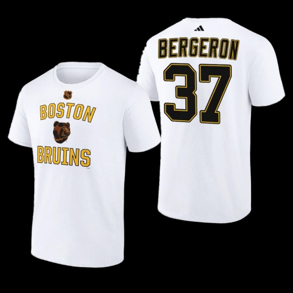 Boston Bruins Patrice Bergeron Reverse Retro 2.0 White #37 Wheelhouse T-Shirt