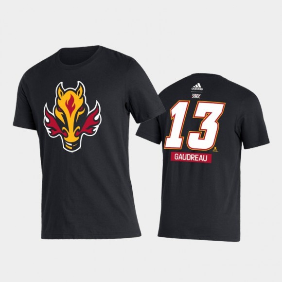 Flames Johnny Gaudreau #13 2021 Reverse Retro Special Edition Name & Number Black T-Shirt