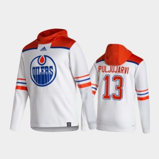 Men's Edmonton Oilers Jesse Puljujarvi #13 Authentic Pullover Special Edition 2021 Reverse Retro White Hoodie